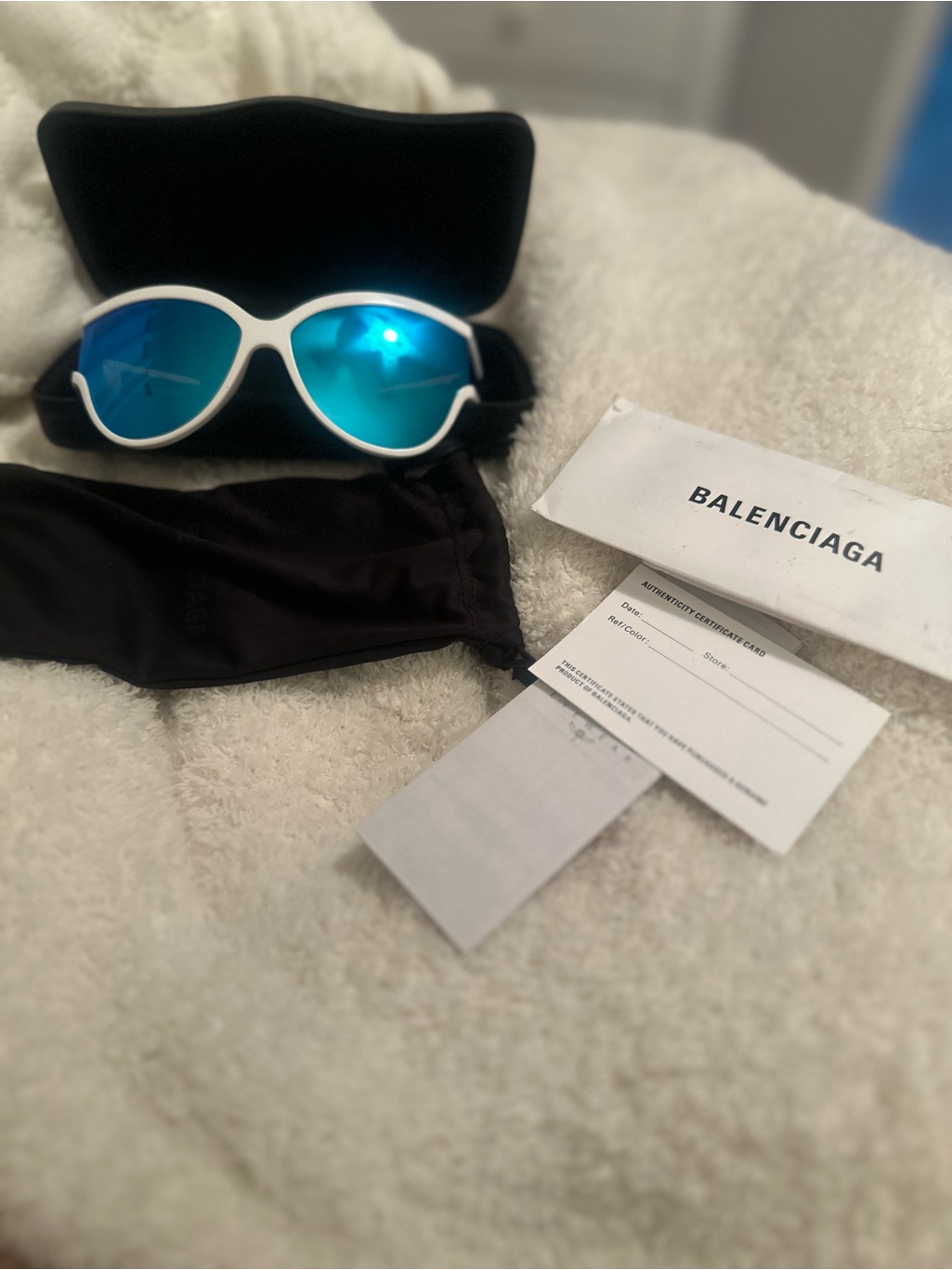Balenciaga White Frame Sunglasses With Blue Mirrored Lenses